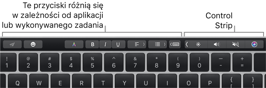 Po lewej znajduje się pasek Touch Bar zawierający przyciski, które różnią się w zależności od aplikacji lub zadania. Po prawej widoczny jest zwinięty Control Strip.