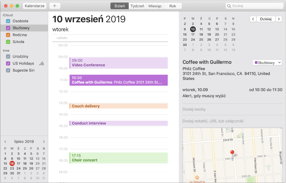 Okno Kalendarza w widoku dnia z kalendarzami prywatnym, służbowym, rodzinnym i szkolnym w odpowiednich kolorach, na pasku bocznym pod nagłówkiem iCloud.