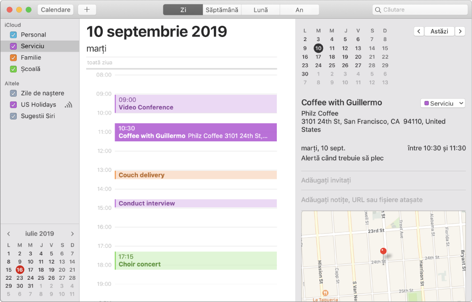 O fereastră Calendar în vizualizarea Zi prezentând calendare personale, profesionale, familiale și școlare cu coduri de culoare în bara laterală, sub antetul de cont iCloud.