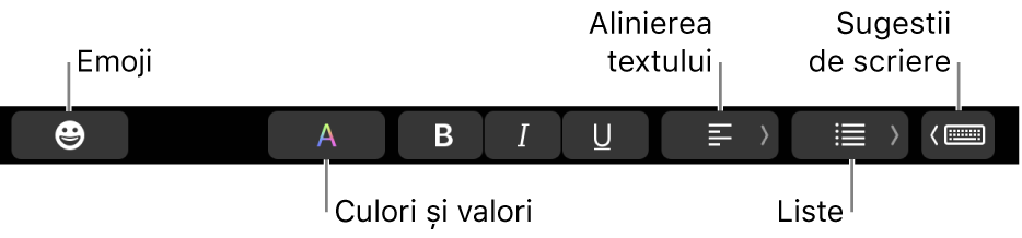 Touch Bar cu butoanele din aplicația Mail care includ, de la stânga la dreapta, Emoji, Culori, Aldin, Cursiv, Subliniat, Aliniere, Liste și Sugestii de scriere.