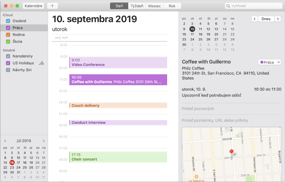 Okno apky Kalendár v zobrazení dňa znázorňujúce farebne kódované osobné, pracovné, rodinné a školské kalendáre v postrannom paneli pod hlavičkou iCloud účtu.