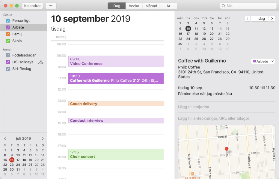 Ett kalenderfönster i dagsvy som i sidofältet under iCloud-kontorubriken visar färgkodade kalendrar som gäller jobbet, familjen, skolan eller dig själv.