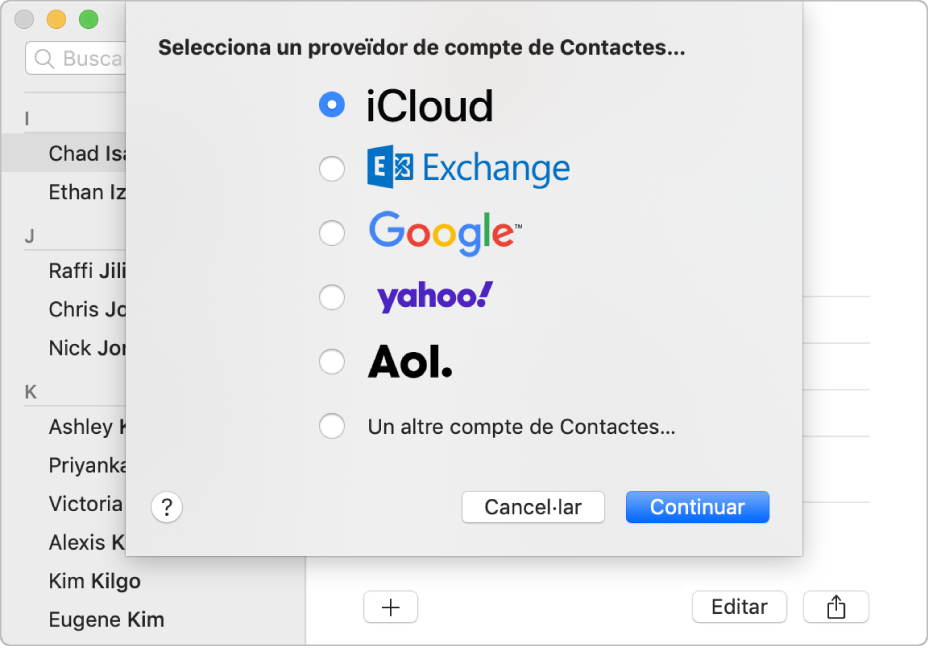 Finestra per afegir comptes d’Internet a l’app Contactes.