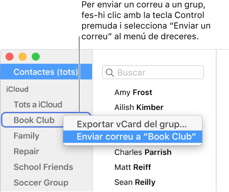 Barra lateral de l’app Contactes que mostra el menú desplegable amb l‘ordre seleccionada per enviar un correu electrònic al grup.