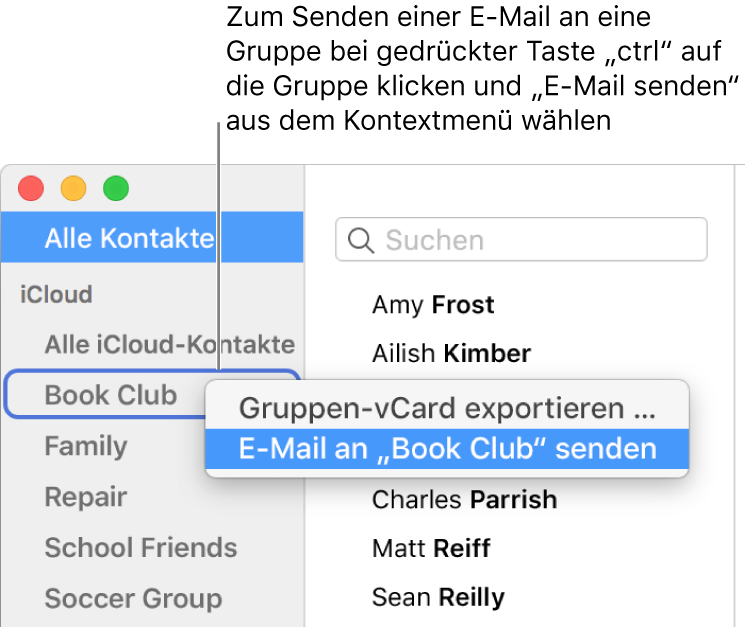 Die Seitenleiste der App „Kontakte“ mit dem Einblendmenü mit der Option zum Senden einer E-Mail an die ausgewählte Gruppe