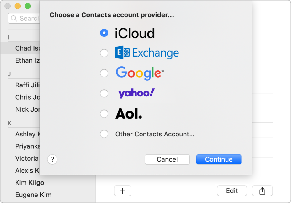 The window for adding internet accounts to the Contacts app.