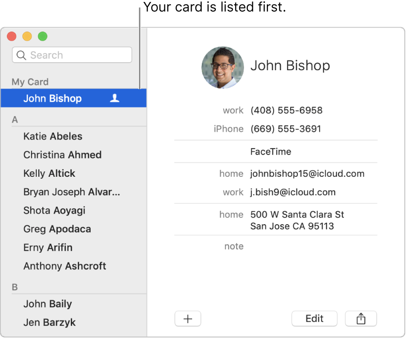 The Contacts sidebar showing the “me” card listed at the top.