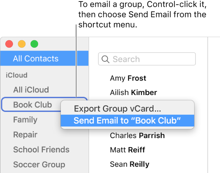 The Contacts sidebar showing the pop-up menu with the command for sending email to the group selected.