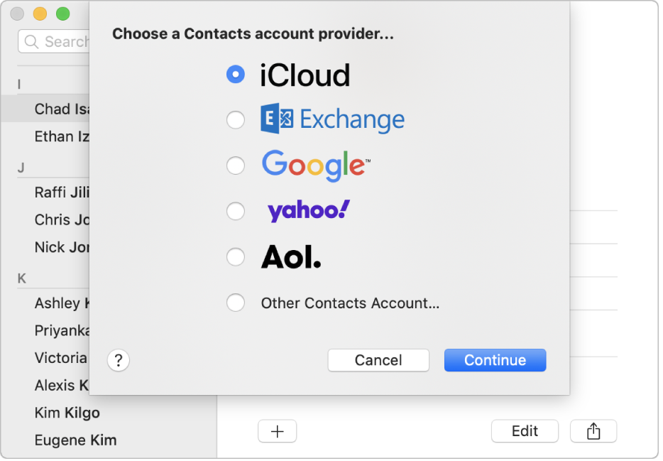 The window for adding internet accounts to the Contacts app.