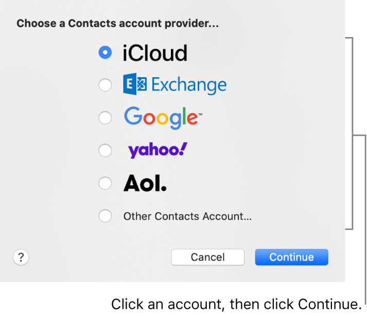 The window for adding internet accounts to the Contacts app.