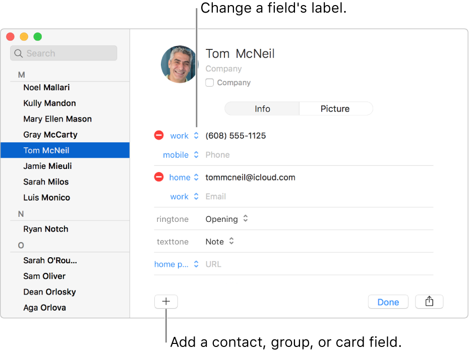 A contact card showing a field label that can be changed and the button at the bottom of the card for adding a contact, group, or card field.