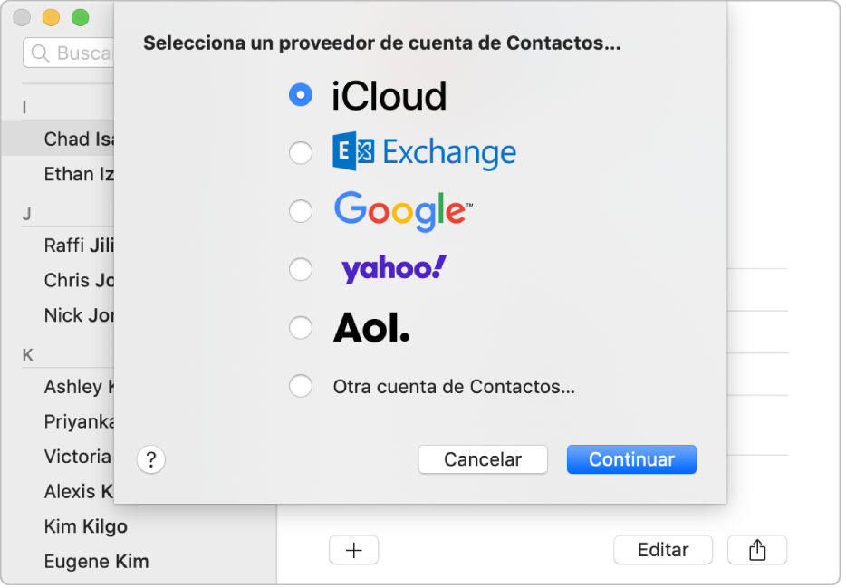 La ventana para añadir cuentas de internet a la app Contactos.