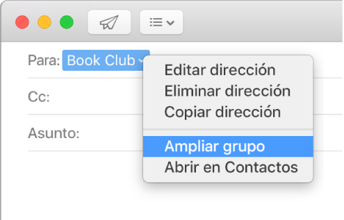 Un correo electrónico en Mail que muestra un grupo en el campo Para y el menú desplegable que muestra el comando “Ampliar grupo” seleccionado.