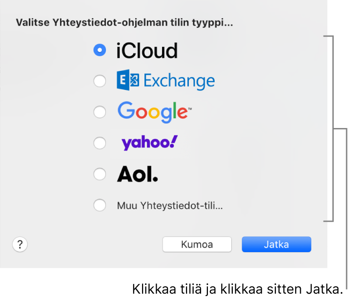 Ikkuna, jossa voidaan lisätä internet-tilejä Yhteystietoihin.