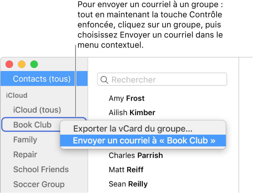 La barre latérale de Contacts affichant le menu contextuel avec la commande permettant d’envoyer un courriel au groupe sélectionné.