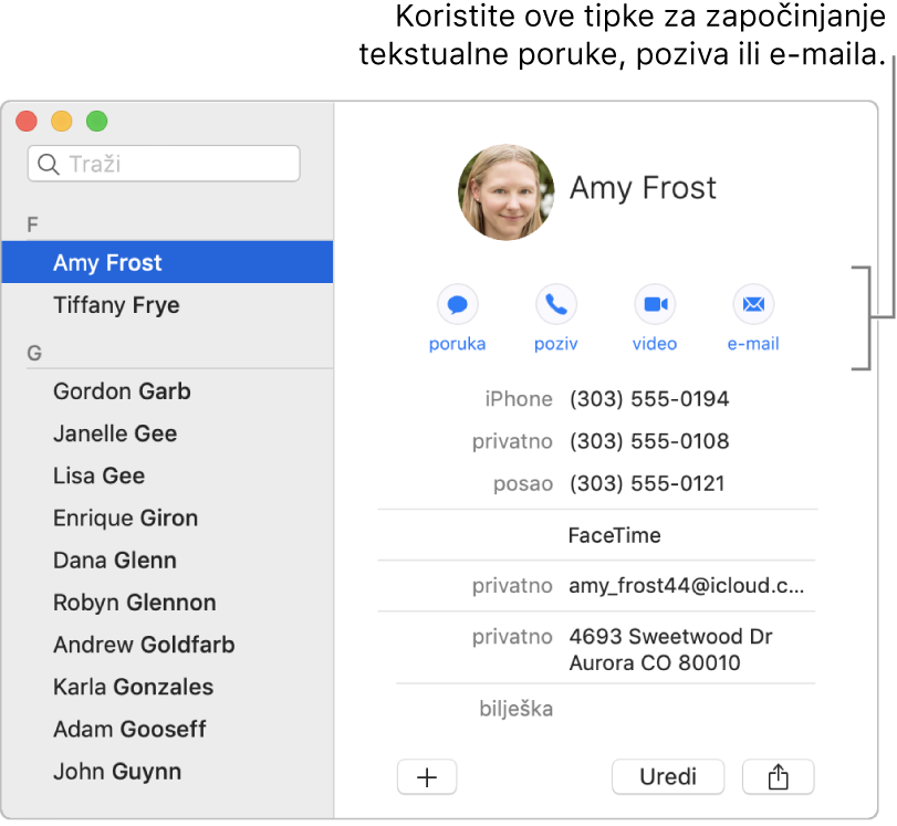 Kartica kontakta pokazuje tipke koje se nalaze ispod imena kontakta. Ove tipke možete koristiti za početak slanja poruke, poziva, audio ili video poziva ili e-mail poruke.