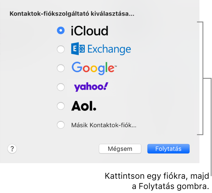 Az ablak, ahol internetes fiókokat adhat a Kontaktok alkalmazáshoz.