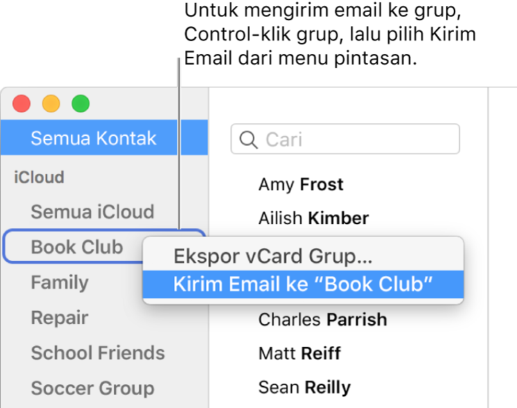 Bar samping Kontak yang menampilkan menu pop-up dengan perintah untuk mengirim email ke grup yang dipilih.