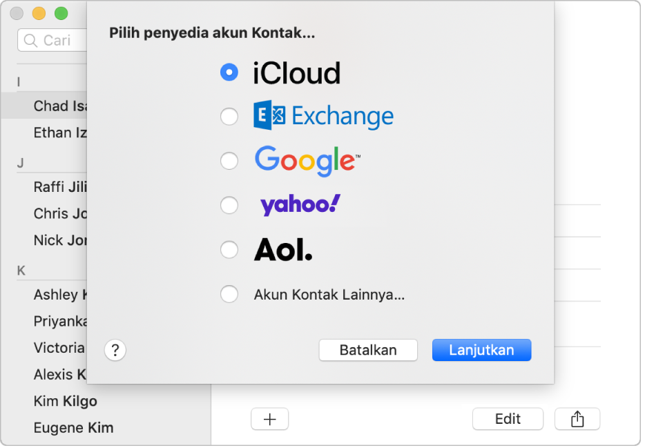 Jendela untuk menambahkan akun internet ke app Kontak.