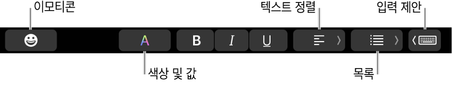왼쪽부터 오른쪽으로 이모티콘, 색상, 볼드체, 이탤릭체, 밑줄, 정렬, 목록, 입력 제안 등의 Mail 앱 버튼이 있는 Touch Bar