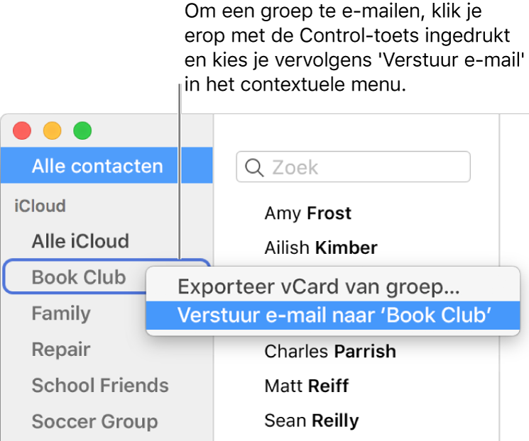 De navigatiekolom van Contacten met een venstermenu waarin het commando is geselecteerd om e-mail naar de groep te versturen.