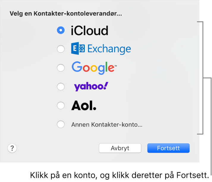 Vinduet for å legge til internettkontoer i Kontakter-programmet.