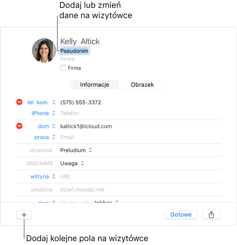 Wizytówka zawierająca pole Pseudonim poniżej imienia i nazwiska kontaktu. Na dole okna znajduje się przycisk pozwalający dodać do wizytówki kolejne pola.