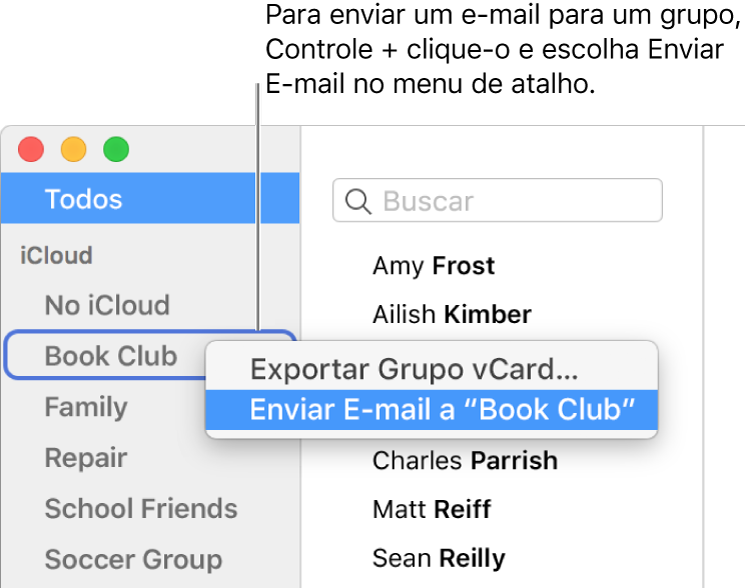 Barra lateral do Contatos mostrando o menu local com o comando para enviar um e‑mail para o grupo selecionado.