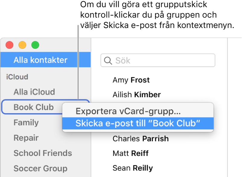 Sidofältet i Kontakter med popupmenyn med kommandon för att skicka e-post till den valda gruppen.