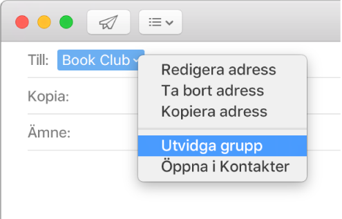 Ett mejl i Mail med en grupp i Till-fältet och popupmenyn med kommandot Utvidga grupp valt.