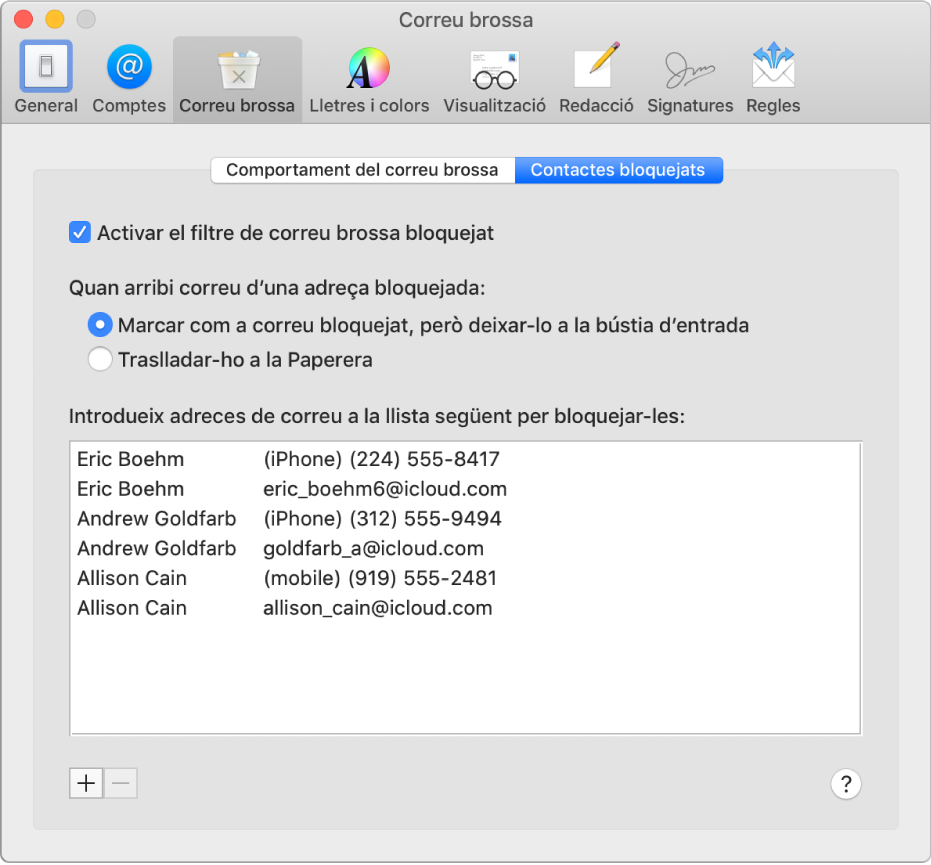 El tauler de preferències “Contactes bloquejats” amb una llista de remitents bloquejats. La casella per activar el filtratge de correu bloquejat està activada, així com l’opció per marcar el correu bloquejat però de manera que es desi a la bústia d’entrada quan arribi.