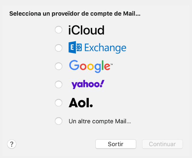 El quadre de diàleg per seleccionar un tipus de compte de correu, que mostra les opcions iCloud, Exchange, Google, Yahoo, AOL i "Un altre compte de Mail".