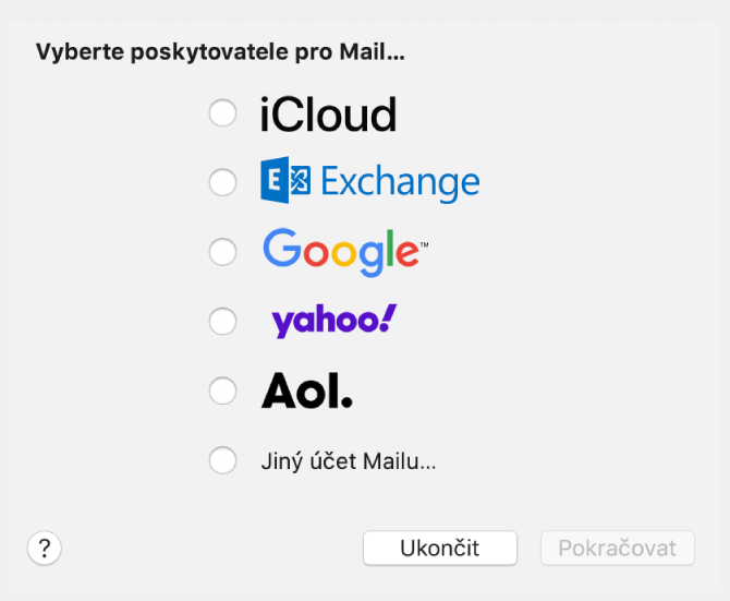 Dialogové okno umožňující volbu typu účtu, ve kterém je zobrazena nabídka účtů iCloud, Google, Yahoo, AOL a Jiného účtu Mailu.