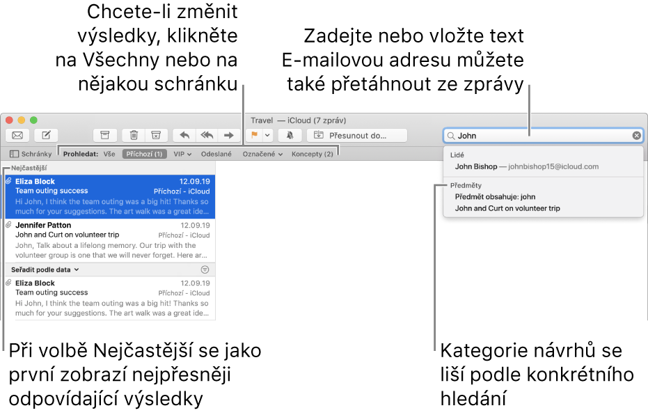 Schránka, v níž hledáte, je na panelu hledání zvýrazněna. Chcete‑li hledat v jiné schránce, klikněte na její název. Do pole hledání můžete zadat či vložit text nebo přetáhnout e-mailovou adresu ze zprávy. Během psaní se pod polem hledání objevují návrhy možného dokončení textu. Tyto návrhy jsou v závislosti na hledaném textu rozděleny do kategorií, například Předmět nebo Přílohy. V oddílu Nejčastější se jako první zobrazují nejvíce relevantní výsledky.