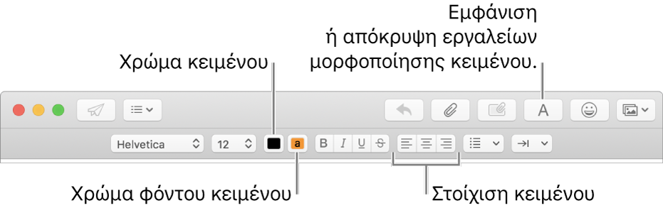 Η γραμμή εργαλείων και η γραμμή μορφοποίησης σε ένα παράθυρο νέου μηνύματος υποδεικνύουν το χρώμα κειμένου, το χρώμα φόντου κειμένου και τα κουμπιά στοίχισης κειμένου.