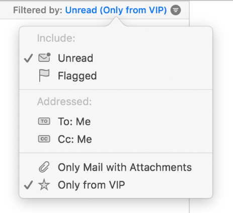 The filter pop-up menu showing six possible filters: Unread, Flagged, To: Me, CC: Me, Only Mail with Attachments and Only from VIP.