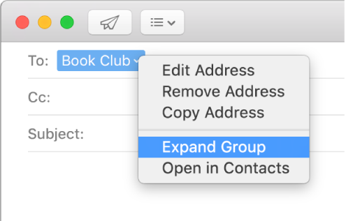 An email showing a group in the To field and the pop-up menu showing the Expand Group command.