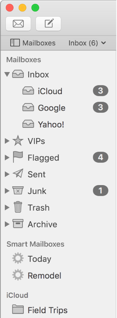 The Mail sidebar showing different accounts and mailboxes. Above the sidebar is the Mailboxes button (located in the Favourites bar) that you click to show or hide the sidebar.