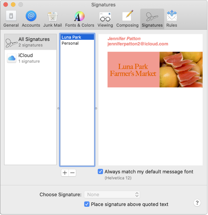 The Mail Signatures preference pane showing a signature that contains formatted text and an image.