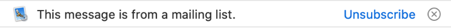 A banner below the message header in the preview area indicates the message is from a mailing list. A link to unsubscribe is located at the right end.