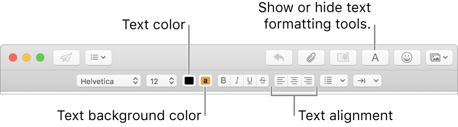 The toolbar and formatting bar in a new message window indicating the text color, text background color, and text alignment buttons.