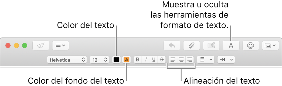 La barra de herramientas y de formato en la ventana de un nuevo mensaje indicando el color del texto, el color del fondo y los botones de alineación de texto.