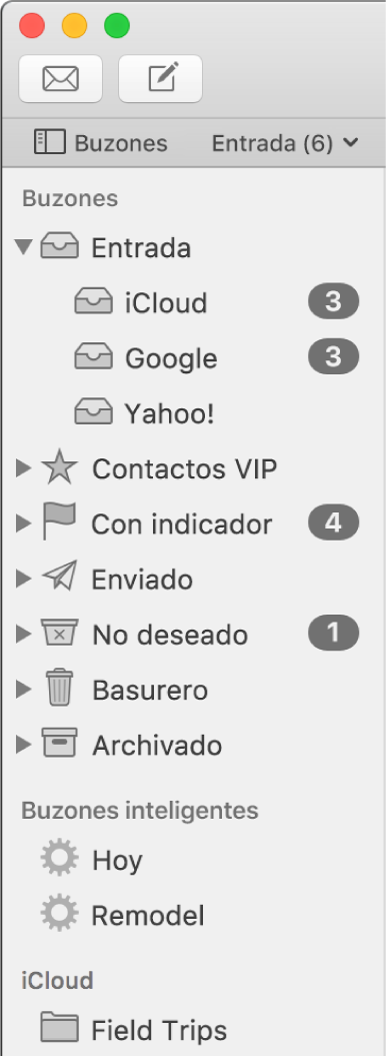 La barra lateral de Mail mostrando distintas cuentas y buzones. Arriba de la barra lateral se encuentra el botón Buzones (ubicado en la barra de favoritos), en el que puedes hacer clic para mostrar u ocultar la barra lateral.