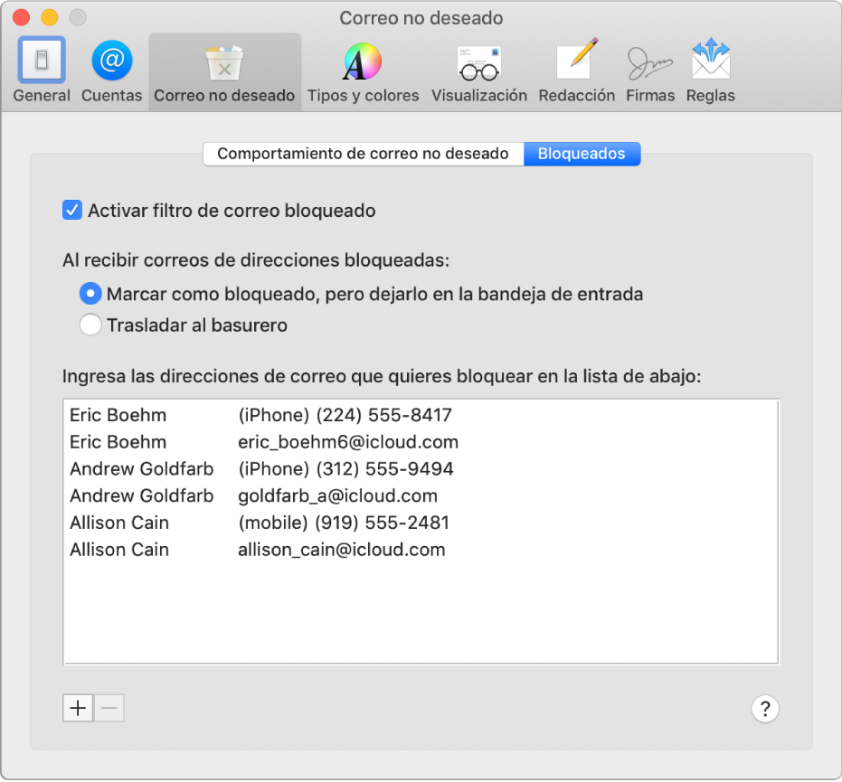 El panel de preferencias Bloqueados mostrando una lista de remitentes bloqueados. La casilla para activar el filtro de correo bloqueado está seleccionada, al igual que la opción para marcar el correo bloqueado pero dejarlo en la bandeja de entrada al recibirlo.