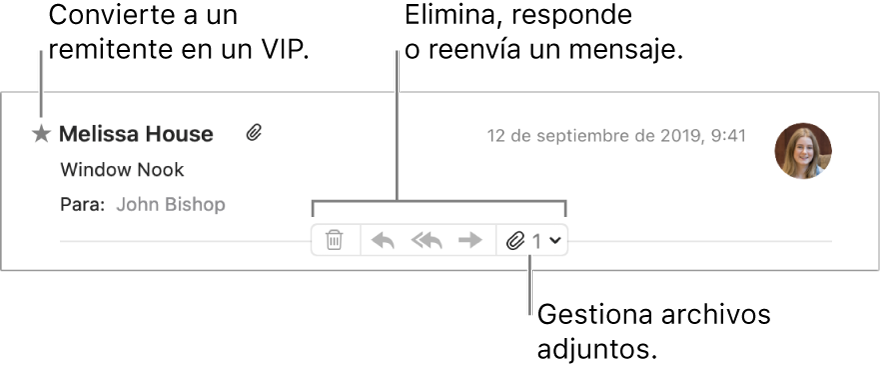 Cabecera del mensaje con una estrella junto al nombre del remitente para convertir este en un contacto VIP y botones para eliminar, responder y reenviar un correo electrónico, así como para gestionar los archivos adjuntos.