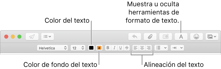 La barra de herramientas y la barra de formato en una ventana de mensaje nuevo, que indica el color del texto, el color del fondo del texto y los botones de alineación del texto.
