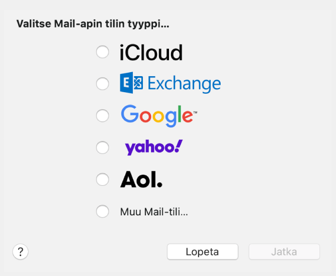 Valintaikkuna, jossa valitaan sähköpostitilin tyyppi. Näkyvissä ovat vaihtoehdot iCloud, Exchange, Google, Yahoo, AOL ja Muu Mail-tili.