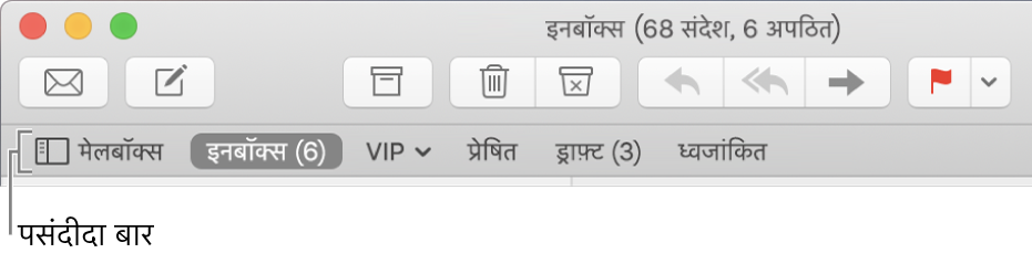 मेलबॉक्स बटन तथा इनबॉक्स, VIPs, प्रेषित, ड्राफ़्ट तथा ध्वजयुक्त मेलबॉक्स के बटन प्रदर्शित करने वाला पसंदीदा बार।