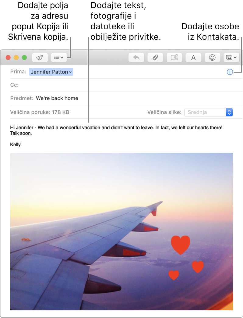 Prozor nove poruke označava tipku Polja zaglavlja, tipku Dodaj u adresnom polju za dodavanje osoba iz Kontakata te prikazuje obilježenu sliku u tijelu poruke.