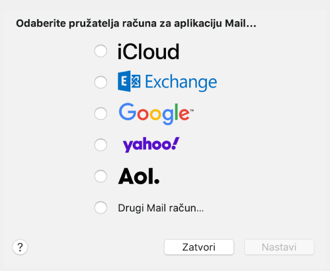 Dijalog za odabir vrste e-mail računa s prikazom opcija iCloud, Exchange, Google, Yahoo, AOL, te Drugi Mail račun.